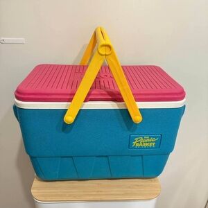 Vtg IGLOO The Picnic Basket Cooler 1990's Retro Teal Pink Yellow Handle Ice Box